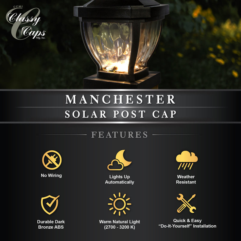 4x4 Manchester Solar Post Cap Light Dark Bronze for 3.5" Wood Post