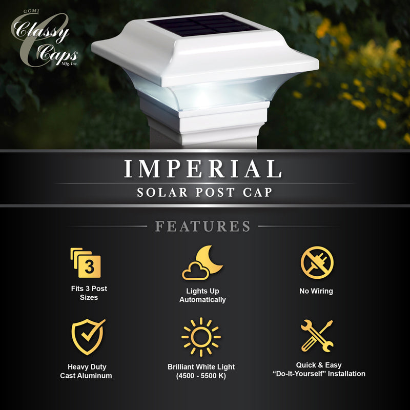 2x2 Imperial Solar Powered Post Cap Light - White (Fits 2", 2.25", 2.5" Rails)